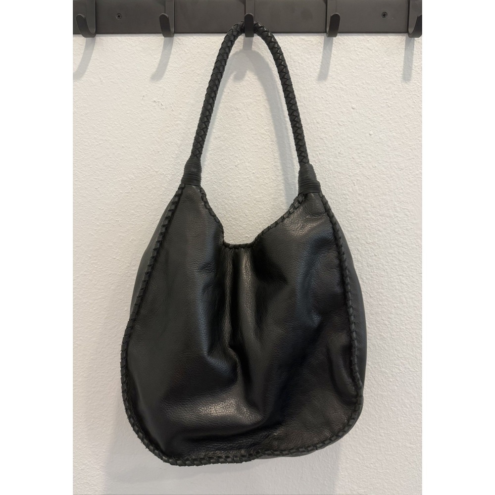 Margot Black Leather Large Hobo Style Shoulder Bag Tote Wrapped Braided Handles